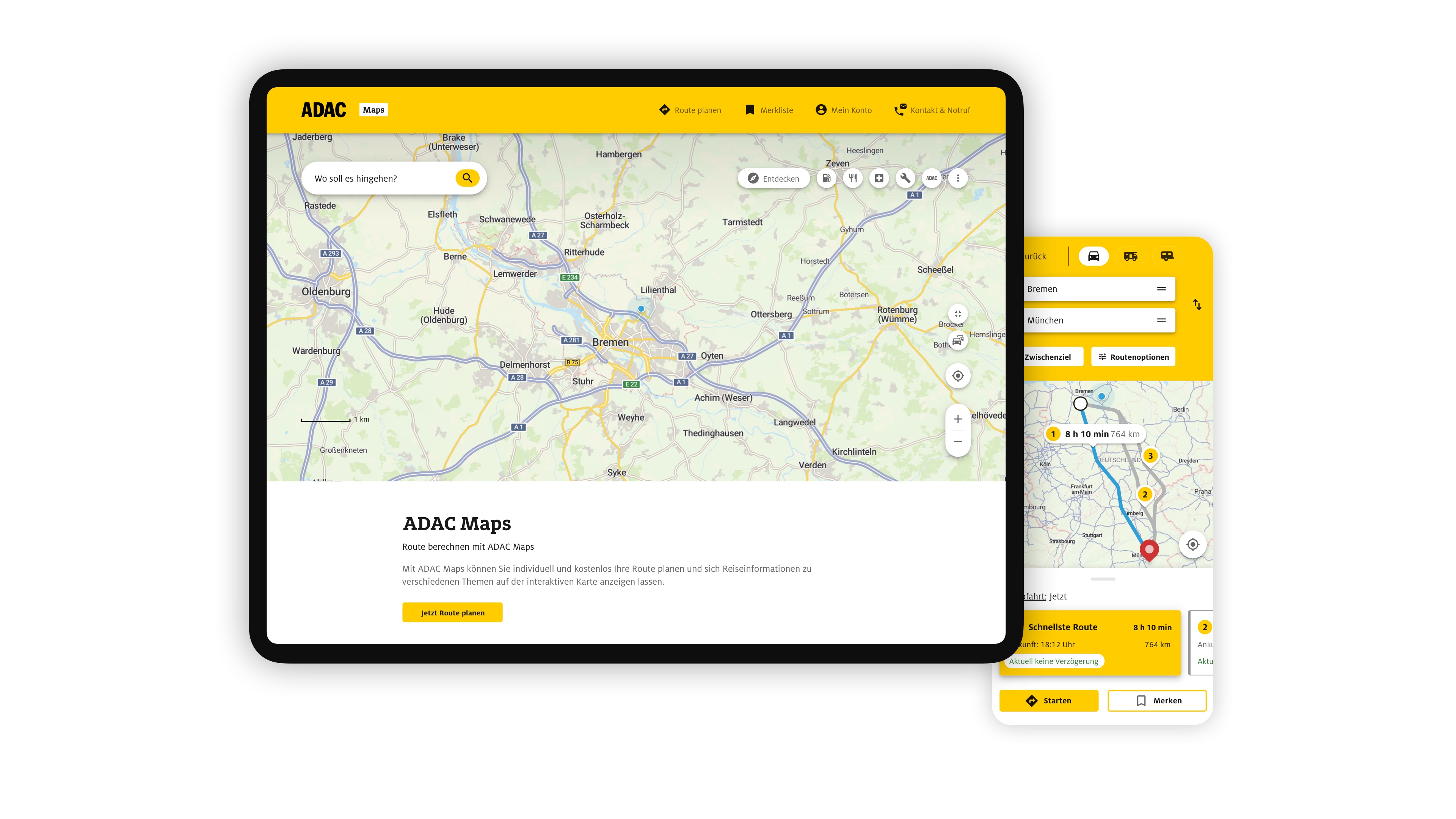 Tablet und Handy Display mit ADAC Kartenansicht