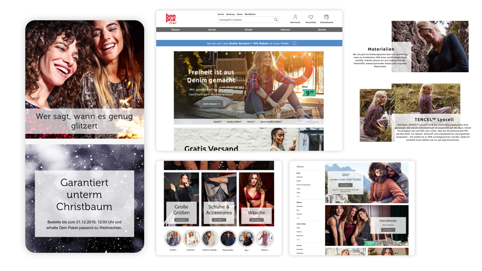 verschiedene Ansichten Website und Shop von der Marke BonPrix
