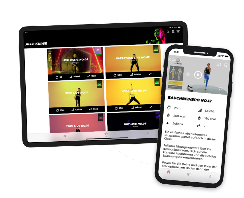 Frontend und UX-Design für digitales Fitnessangebot mit verschiedenen Kursen