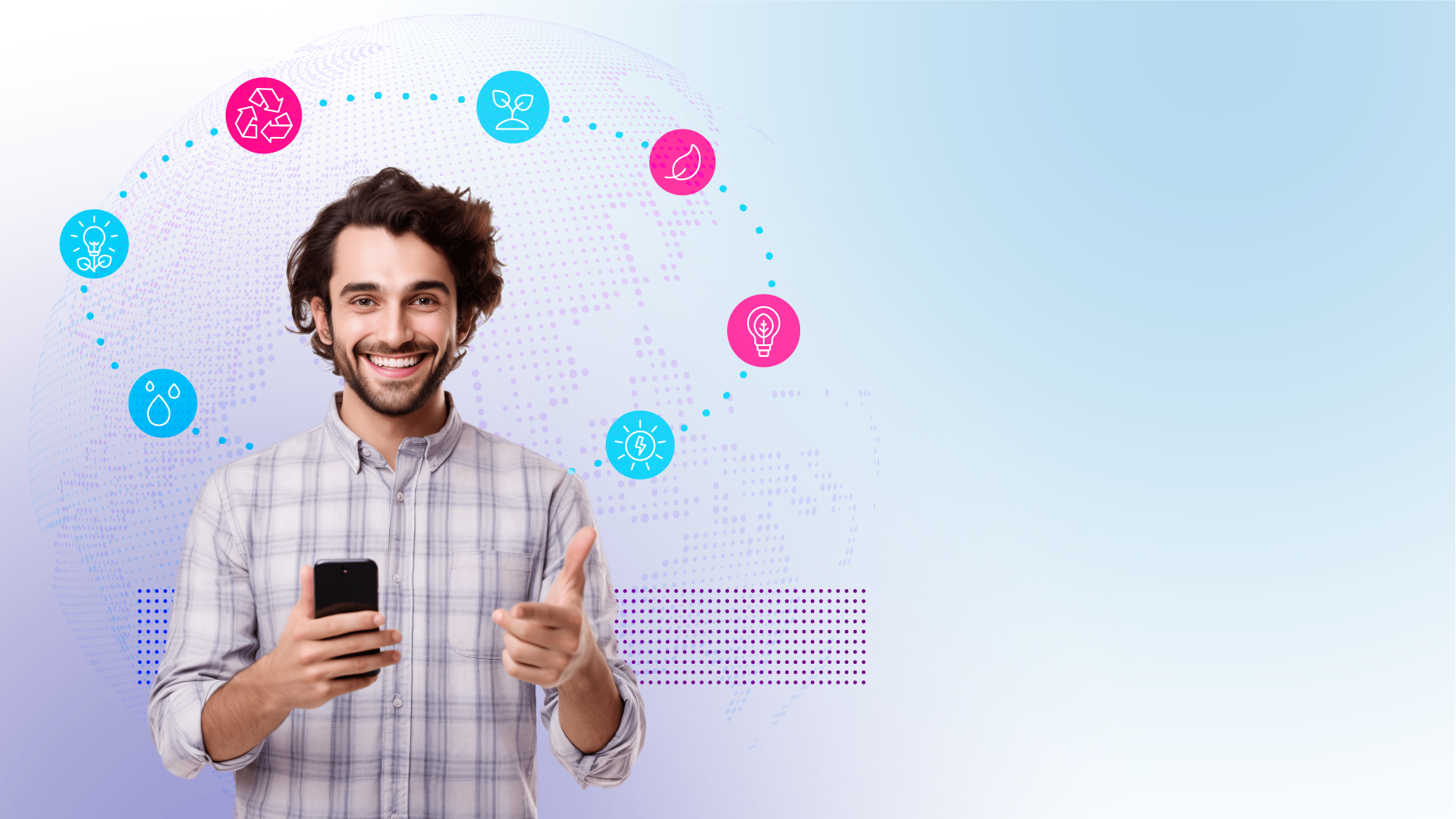 Mann mit Smartphone, umgeben von Icons, die Nachhaltigkeit symbolisieren