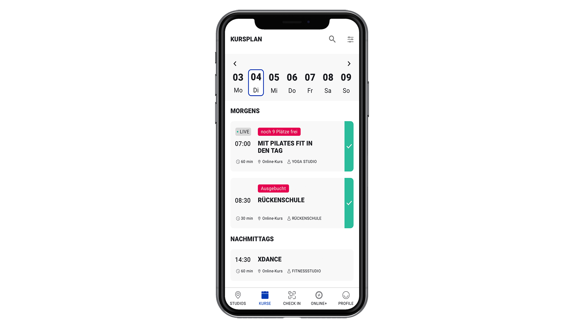 Ansicht Kursplan von Hansefit auf Smartphone 