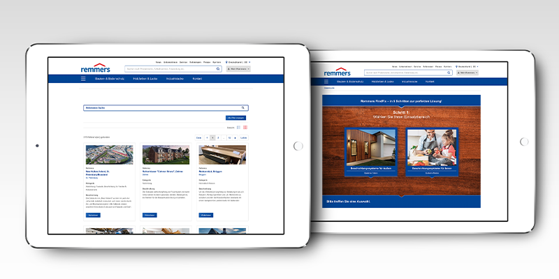 Mockup mit zwei Tablets mit Ansichten von Remmers Homepage