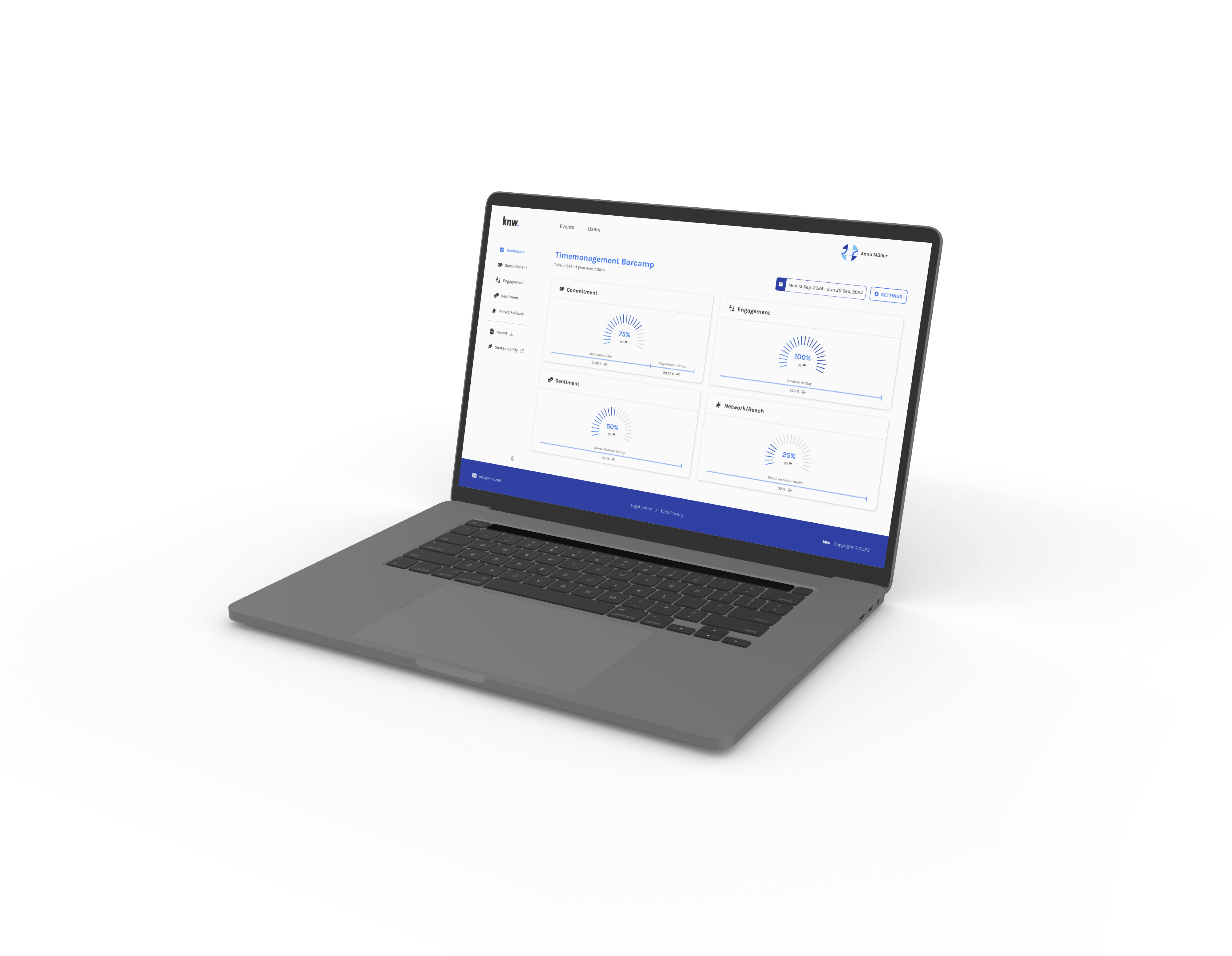 Beispielansicht Website KNW für KI gestützte Performance Analyse für Live-Events auf Desktop 