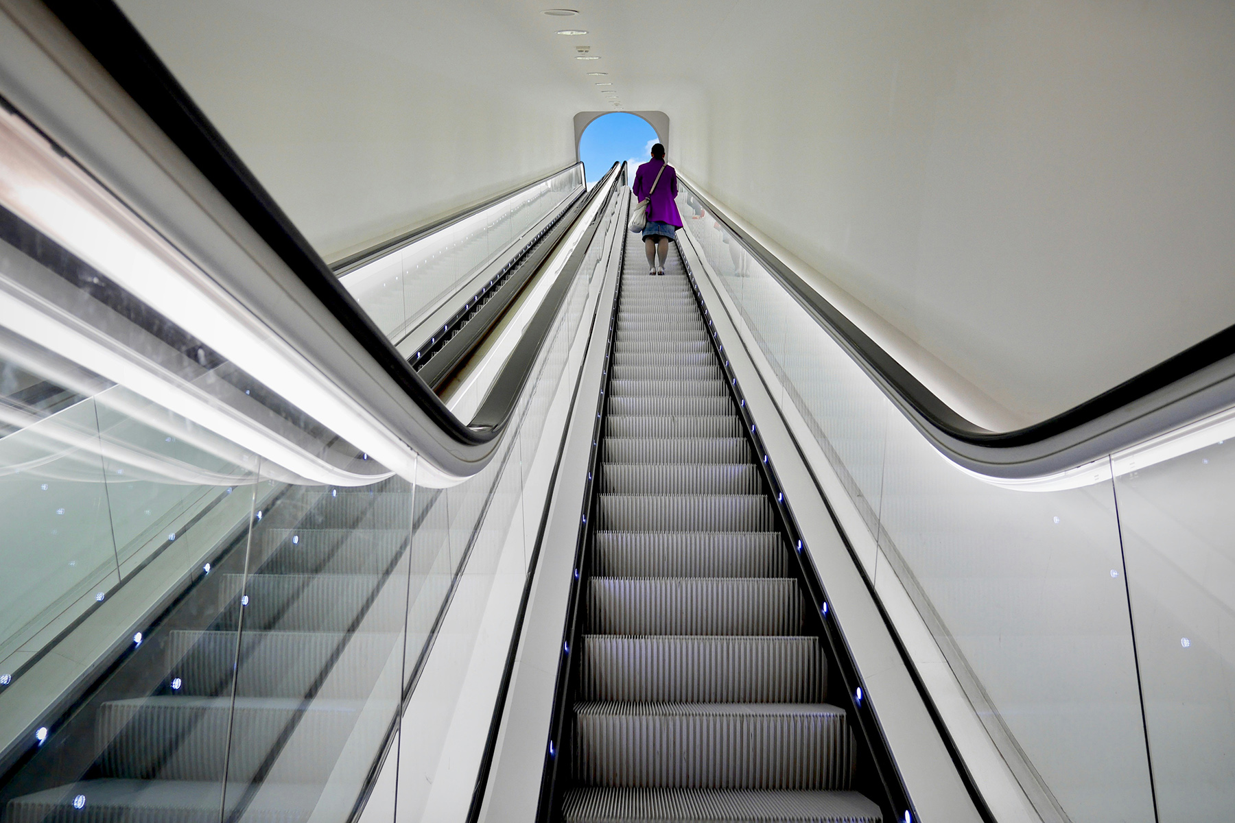 Frau von hinten fährt auf Rolltreppe nach oben