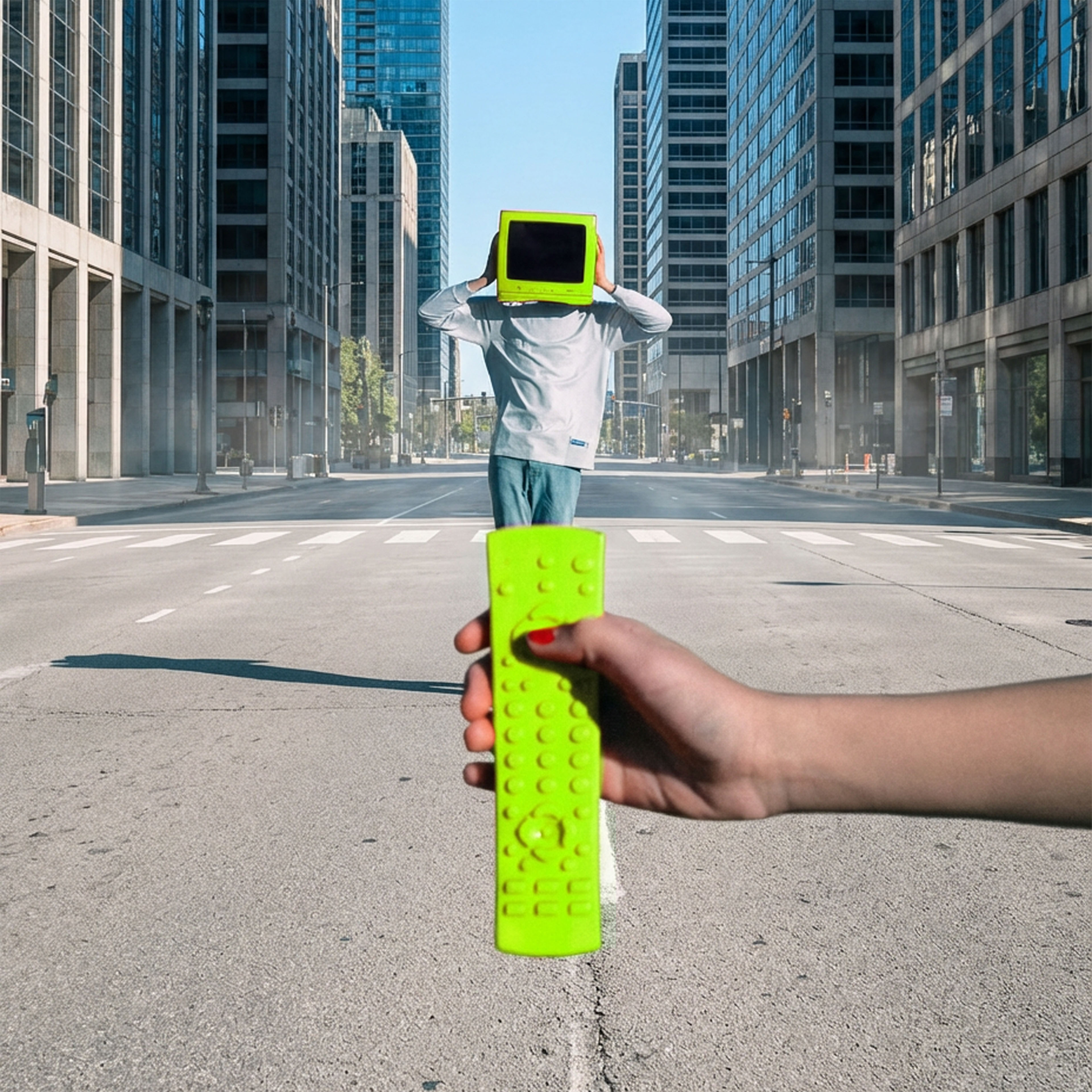 Hand hält grüne Fernbedienung vor Person mit Monitor als Kopf auf leerer Stadtstraße