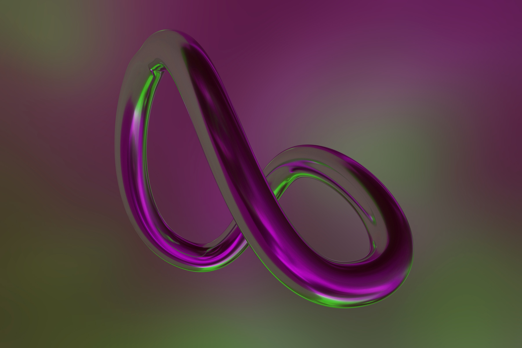 Abstrakte, glänzende 3D-Schleifenform in Violett und Grün vor dunklem Hintergrund