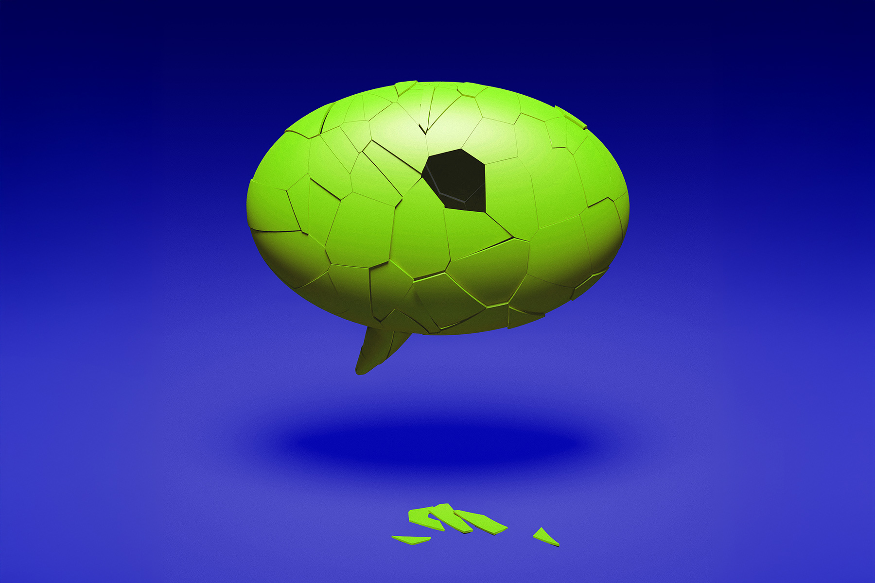 Grüne 3D-Sprechblase brückelnd auf blauem Hintergrund