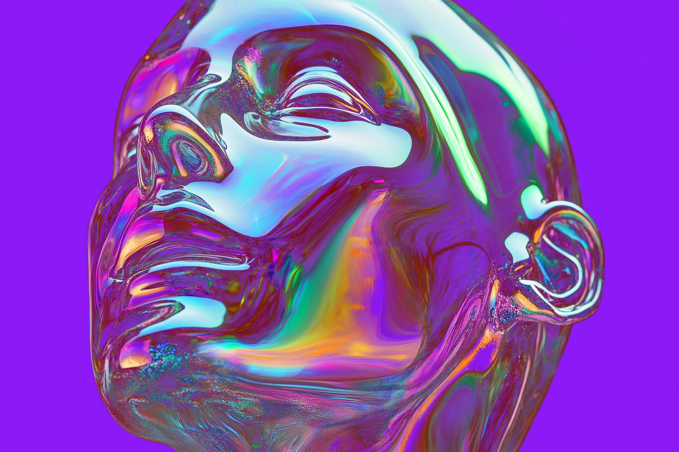 Abstrakte 3D-Darstellung menschlicher Kopf aus schillerndem, glasartigem Material mit Regenbogenfarben