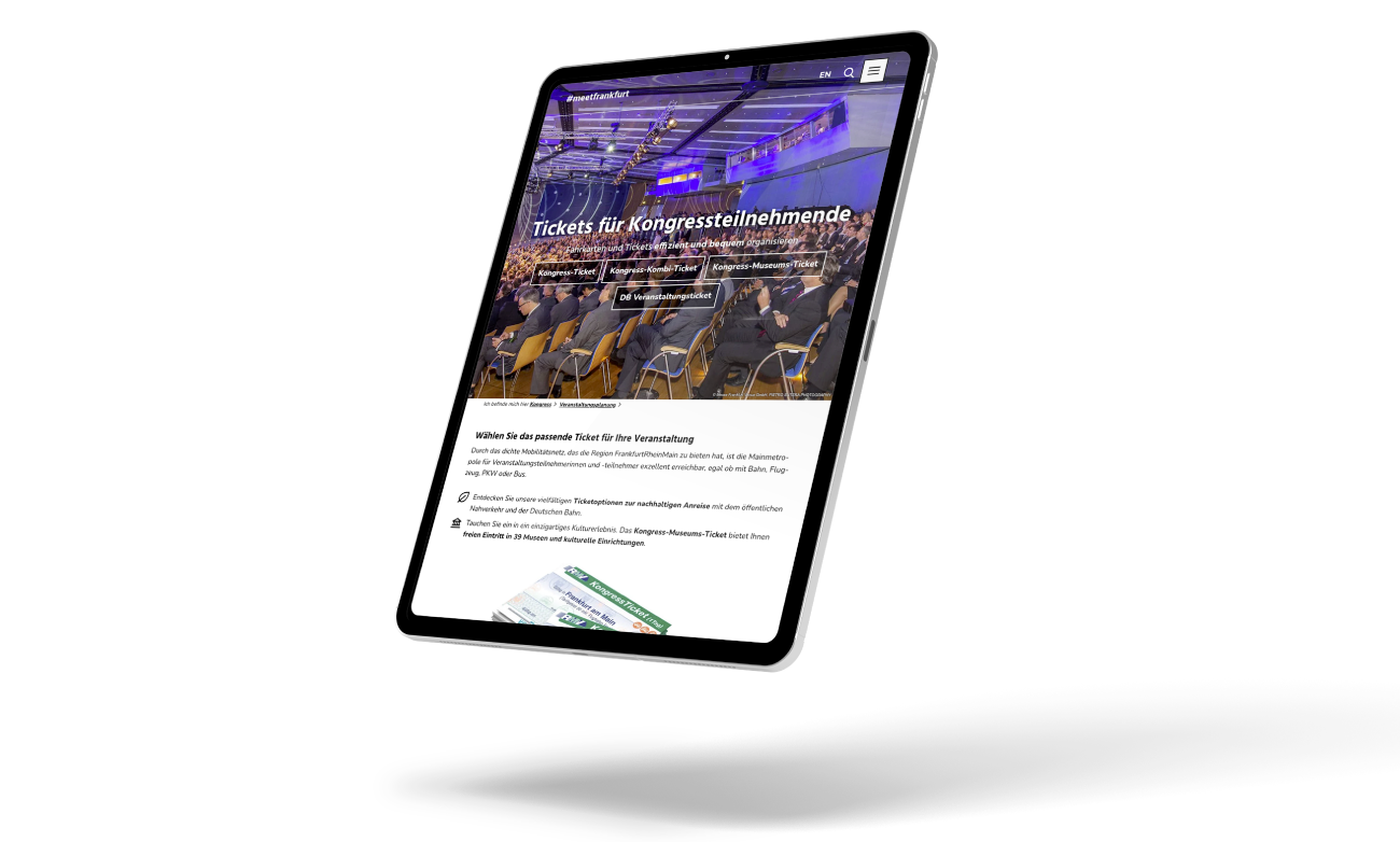 Beispielhafte Tablet-Ansicht für den Webauftritt Frankfurt Tourismus