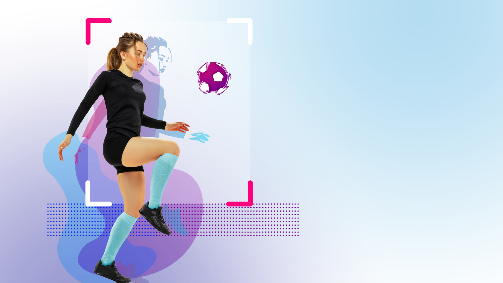 Cpmposing für Service Sportlösungen von team neusta mit dribbelnder Frau und Fußball 