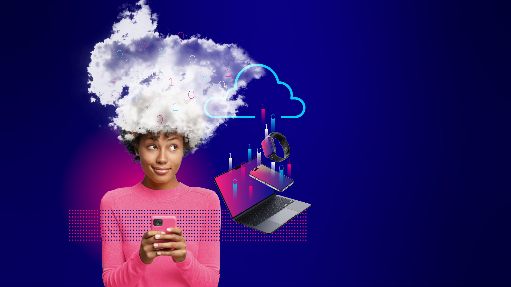 Illustrierendes Bild für Bereich Clouddienste und Services bei team neusta mit Modell und Wolke über dem Kopf