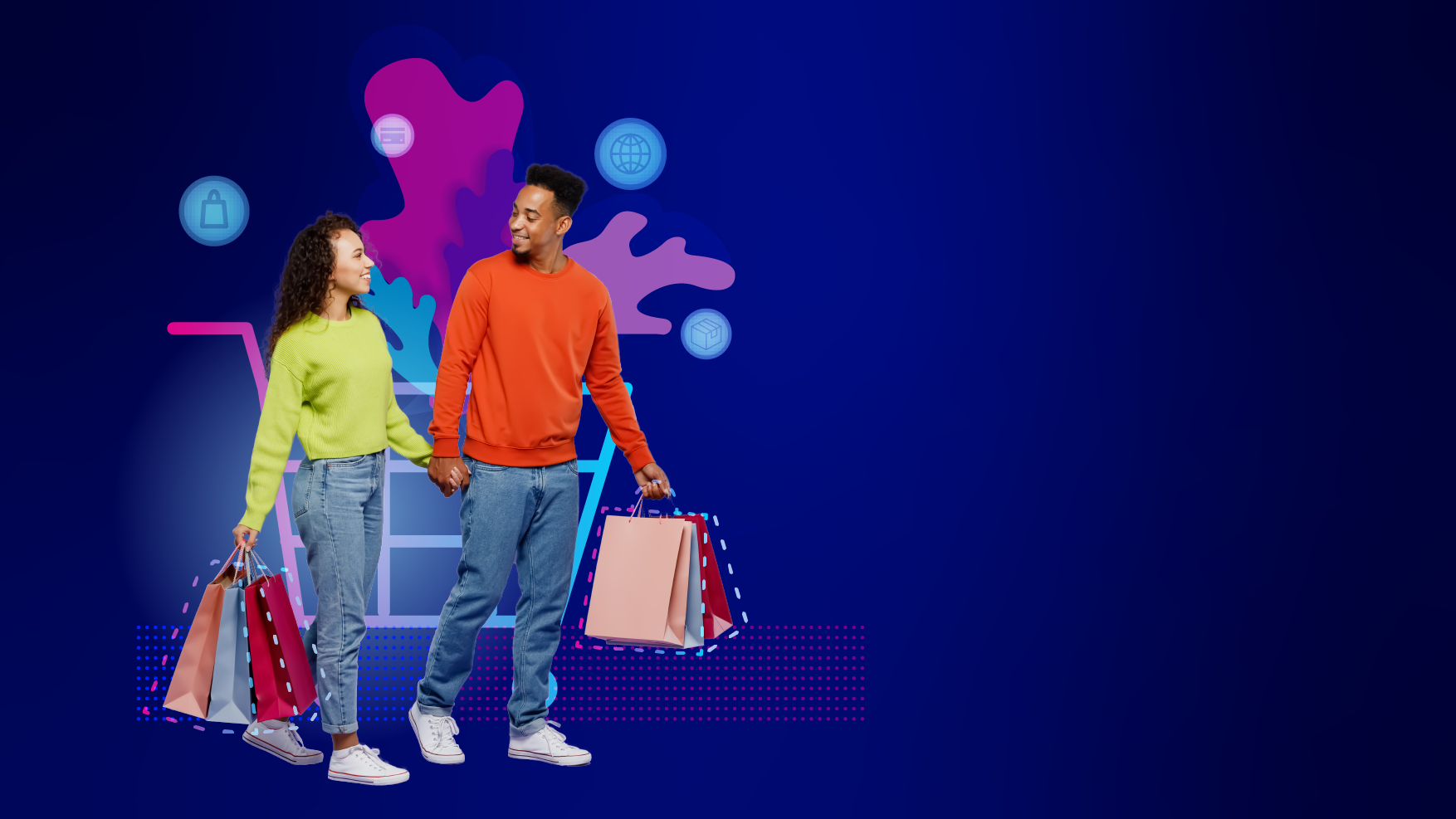 Imagebild für Technologiebereich E-Commerce mit zwei Modellen Frau und Mann Hand in Hand mit EInkaufstüten